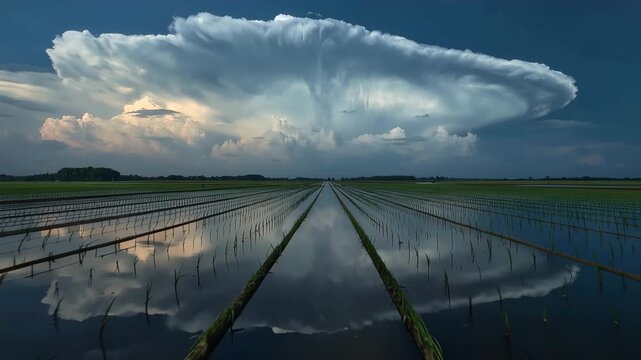夏の田園で水田が夕空と入道雲を映す対称的な黄昏