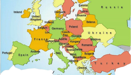 Fototapeta premium Political map of Europe showing country borders and names
