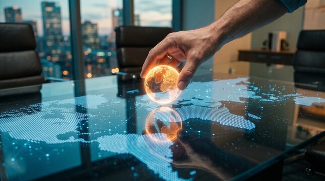 Global Network: An executive's hand interacting with a holographic earth projection on a reflective table, signifying global interconnectedness and strategic planning.