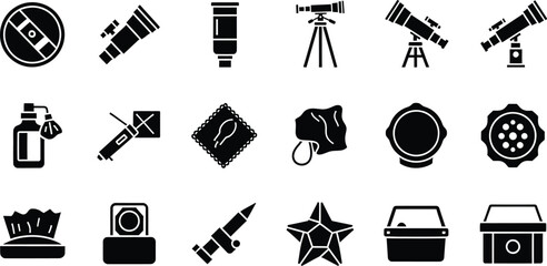 Set of black telescope astronomy and optical equipment icons for science and space study © Milon Store