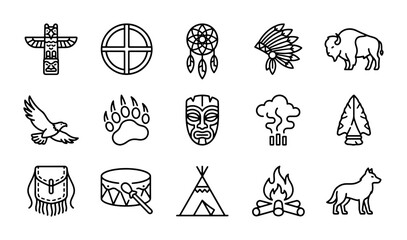 Native American Icons Set: Totem Pole, Dreamcatcher, Buffalo, Teepee, Tribal Symbols © Shanta
