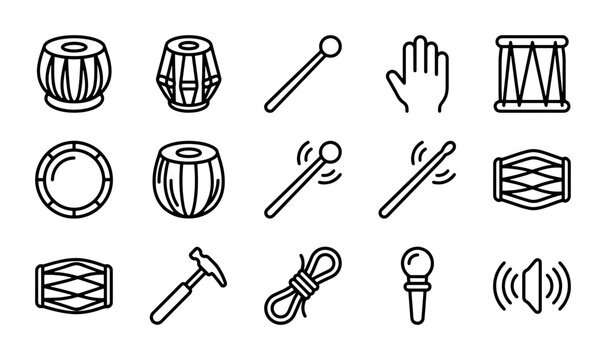 Indian Percussion Instruments Vector Icons Set, Tabla Drums, Dholak, Music Accessories, Black and White Line Art