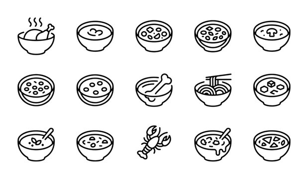 Soup Icons Set, 15 Vector Food Symbols, Culinary Dish Graphics, Restaurant Menu Elements
