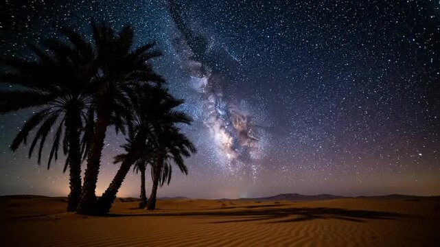 Stunning nighttime desert landscape featuring palm trees, a bright moon, and a captivating view of the Milky Way galaxy