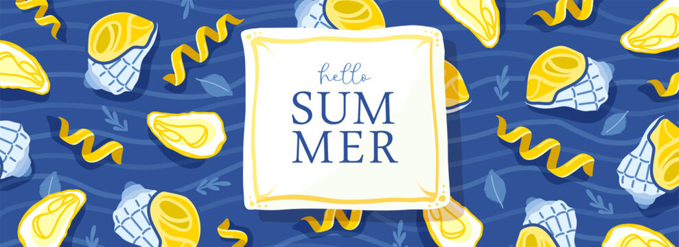 Italy summer poster or banner with lemon zest, oysters, clams and rosemary on blue tablecloth background. Restaurant menu design. Vector illustration