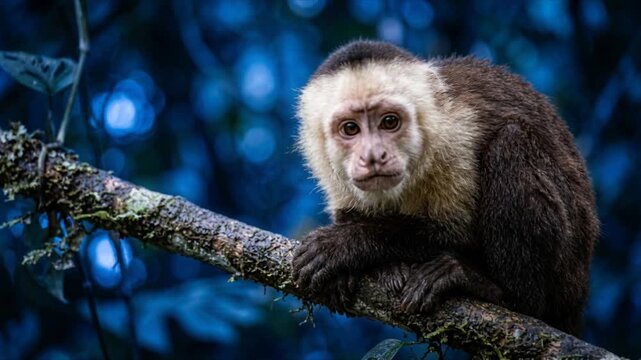 White faced capuchin family on a branch close up macro blur moon light background costa rica