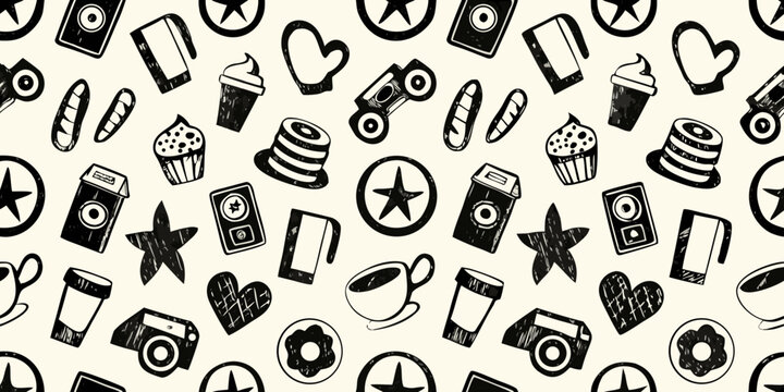 Coffee and pastry doodle pattern black and white sketch
