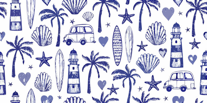 beach themed seamless pattern with hand drawn elements