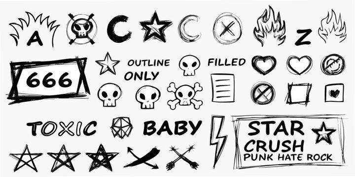Hand Drawn Punk Rock Style Symbols And Lettering On White