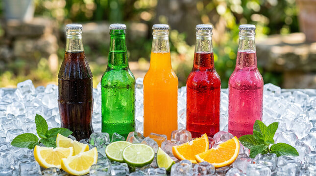 Assorted colorful soda bottles on ice bed with citrus fruit slices and mint leaves outdoors under sunlight representing refreshing summer beverages and cold soft drinks in glass bottles collection.