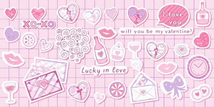 Valentine s day themed stickers and illustrations in pink tones