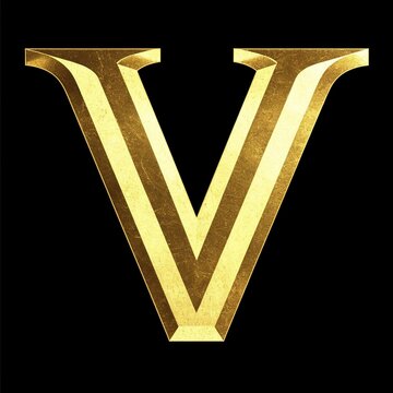 The large letter "V" is golden in color with a shiny texture on a black background.