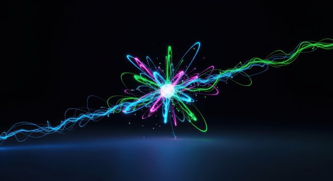 Abstract visualization showing energetic subatomic particles moving rapidly, creating glowing trails of dangerous ionization energy, emission, ionization, glow