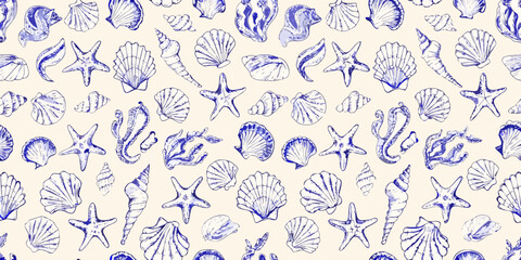 Seamless nautical pattern featuring seashells and starfish sketch style © Sujal
