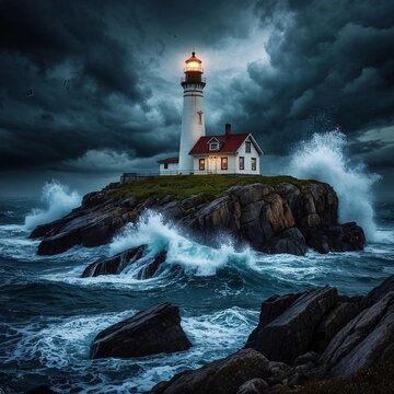 lighthouse on a rock in the middle of a stormy sea. The sun's rays break through the clouds, creating a dramatic atmosphere.