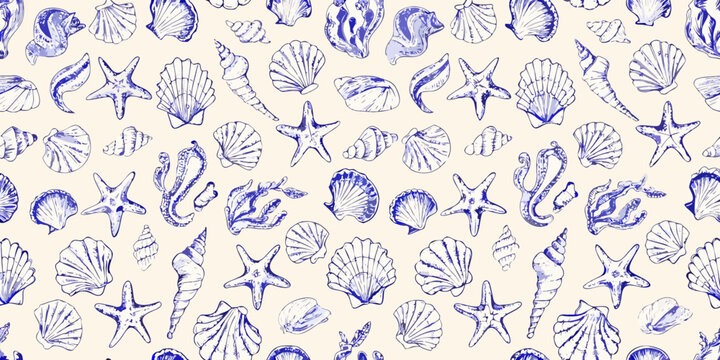 Seamless nautical pattern featuring seashells and starfish sketch style