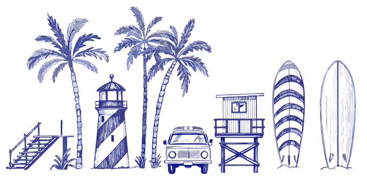 Tropical beach scene with palm trees lighthouse and surfboards vector illustration