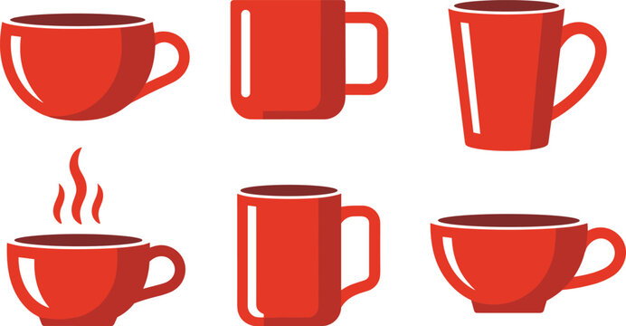 Coffee cup icon illustrations with red mugs, hot beverage steam, and stylish vector design concepts