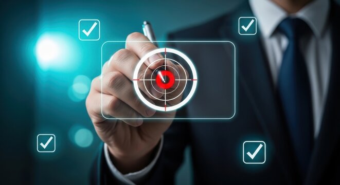 Businessman interacting with virtual interface checking targets