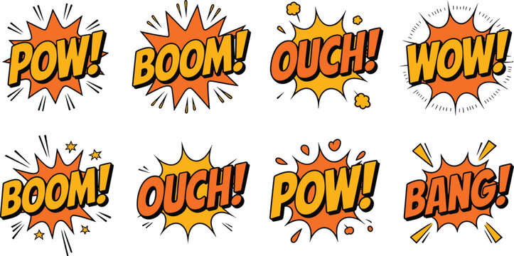 Comic sound effect illustrations with POW, BOOM, OUCH, WOW, and BANG vector design concepts