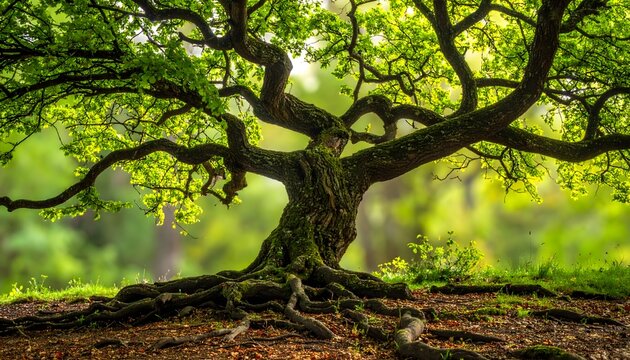 Gran &aacute;rbol antiguo en un bosque verde con ramas extendidas, musgo y luz natural en una escena serena de naturaleza