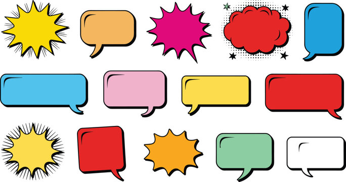 Comic speech bubble illustrations with colorful thought clouds and dynamic starburst vector design concepts