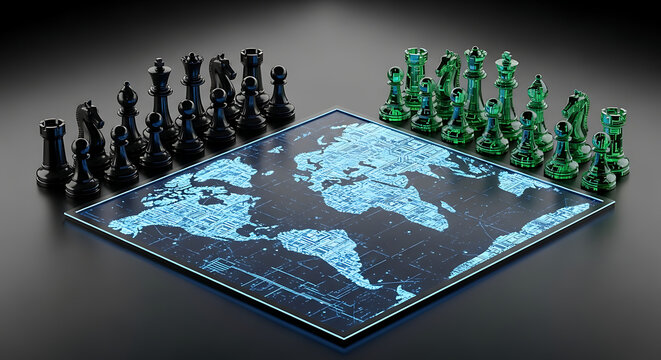 Chessboard with a glowing blue world map and opposing black and green chess pieces, symbolizing global strategy and geopolitical conflict.