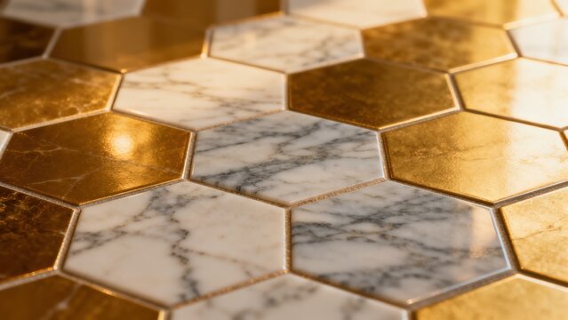 Hexagonal marble and gold tiles