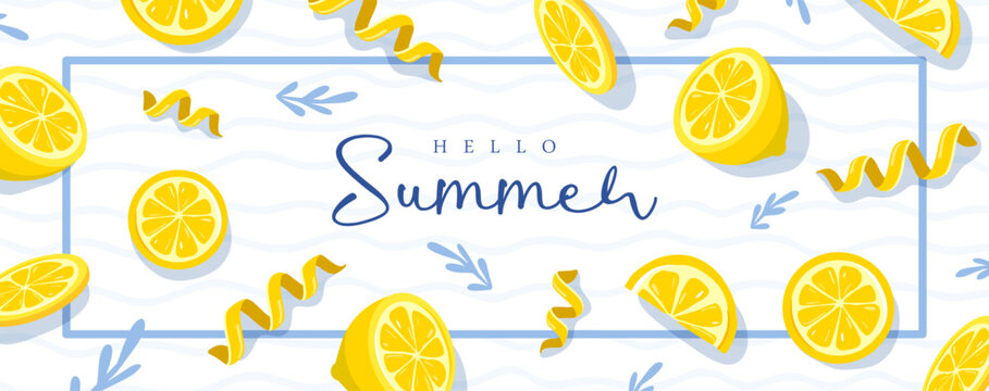 Italy summer poster or banner with lemon slices and zest on striped white background. Restaurant menu design. Vector illustration