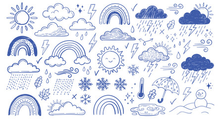 Naklejka premium Collection of hand drawn weather icons and symbols in doodle style. Includes sun, clouds, rain, lightning, rainbow, snowflakes, wind, thermometer, umbrella, and snowman.