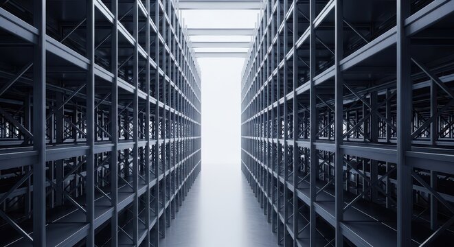 Massive metal shelving frameworks stand organized within a large, modern industrial warehouse dedicated to logistics and structural storage needs, interior, volume, industry