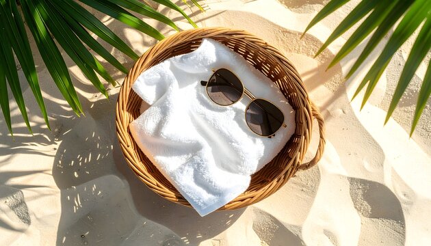 Sombrero de paja con toalla blanca y gafas de sol sobre arena con sombras de hojas tropicales