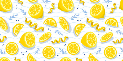 Obraz premium Seamless summer pattern with lemon slices and zest on striped white background. Restaurant menu design. Vector illustration