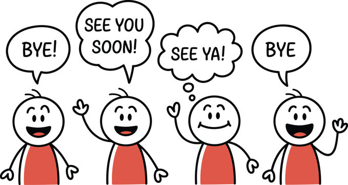 Vector illustration of cartoon stick figures waving with farewell speech bubbles representing goodbye and friendly communication themes