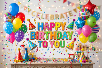 Fototapeta premium Festive happy birthday scene, colorful balloons, confetti, party hats, gifts, bright decorations, joyful atmosphere, fun event, celebration