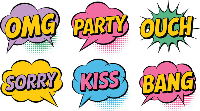 Vector illustration of colorful comic speech bubbles with bold words representing pop art and expressive communication themes