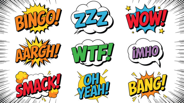Vector illustration of colorful comic speech bubbles with expressive words representing pop art and dynamic communication themes