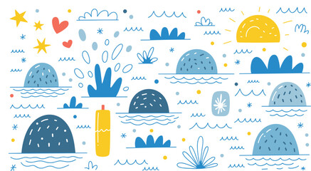 Vector illustration of colorful seaside cartoon scene with islands, waves, sun, and decorative elements representing whimsical nature themes © Creative Stoker