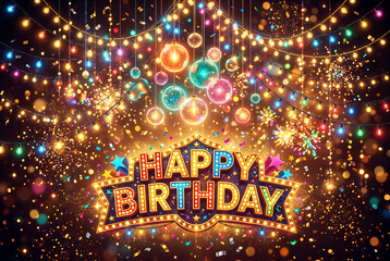 Fototapeta premium Happy birthday marquee sign, colorful lights, fireworks, celebration, festive, fun, retro