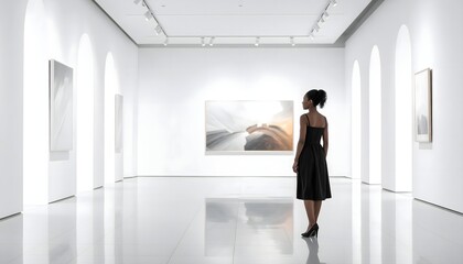 Fototapeta premium Mujer observando una obra en una galería de arte contemporáneo blanca y minimalista