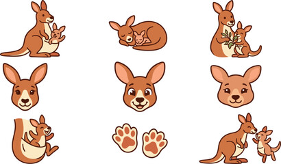 Naklejka premium Adorable Kangaroo Mother and Joey Vector Illustration Set Featuring Cute Marsupial Characters for Childrens Books, Australian Wildlife Educational Materials, and Nursery Decor Designs