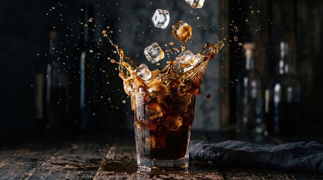 Glass of cola with ice cubes splashing into it on a wooden table