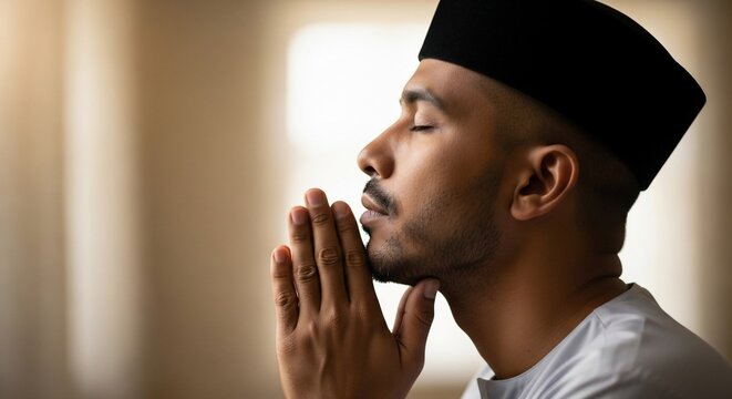 Man in prayer with hands together and eyes closed in contemplation