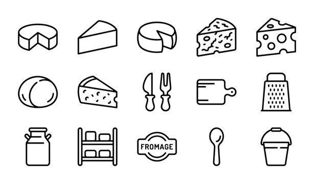 Cheese Icons Vector Set: Dairy Products, Food Graphics, Kitchen Utensils, and Fromage Labels