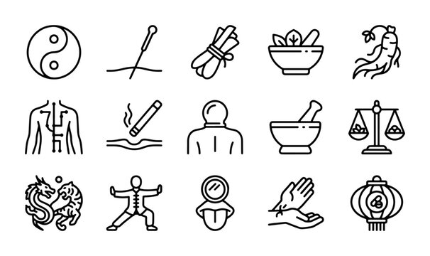 Acupuncture Icons, Traditional Chinese Medicine Symbols, Holistic Health Vector Set