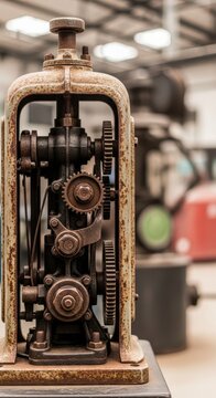 Rusty antique fuel pump mechanism detail showing worn metal texture and historical industrial equipment background, gas, engine, station