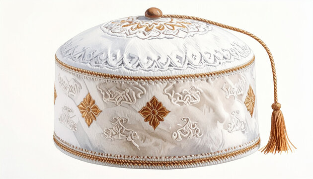 Traditional Embroidered White and Gold Round Prayer Cap