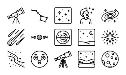 Astronomy Icons Set: Telescope, Stars, Galaxy, Moon, Constellations, Space Exploration © Touhidul