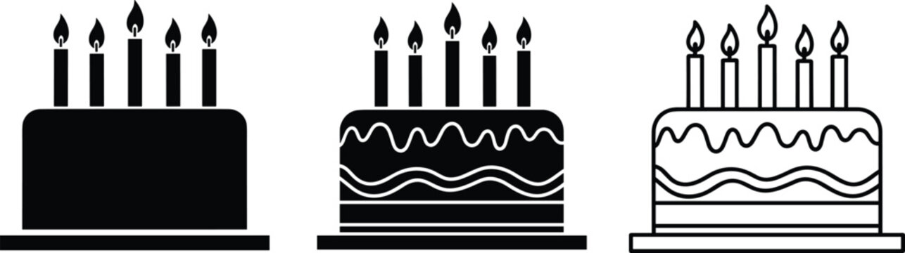 Birthday cake silhouette and outline illustration with candles, frosting decoration, graphic design styles, celebration icon, party dessert artwork