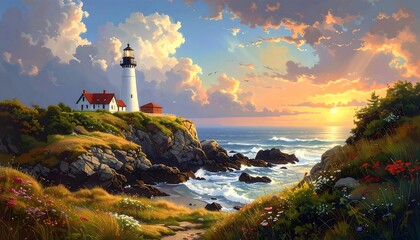 Fototapeta premium A serene coastal vista showcasing a white lighthouse and buildings perched atop a cliff, overlooking the ocean at sunset with vibrant colors